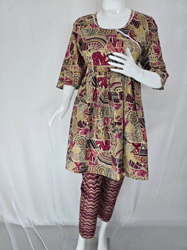 Ethnic Printed Round-Neck Cotton Blend A-Line Kurta with Trousers